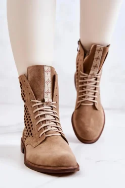 Sale Ażurowe Zamszowe Botki Wiązane Nicole Camel 2696 Damskie Botki Wiosenne|Botki Sznurowane