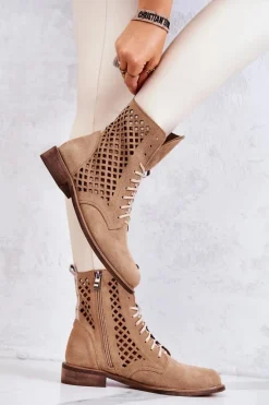 Sale Ażurowe Zamszowe Botki Wiązane Nicole Camel 2696 Damskie Botki Wiosenne|Botki Sznurowane