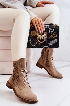 Boto Ażurowe Zamszowe Botki Wiązane Nicole Beżowe 2696