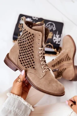 Boto Ażurowe Zamszowe Botki Wiązane Nicole Beżowe 2696