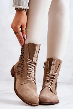 Boto Ażurowe Zamszowe Botki Wiązane Nicole Beżowe 2696