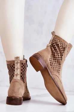 Boto Ażurowe Zamszowe Botki Wiązane Nicole Beżowe 2696