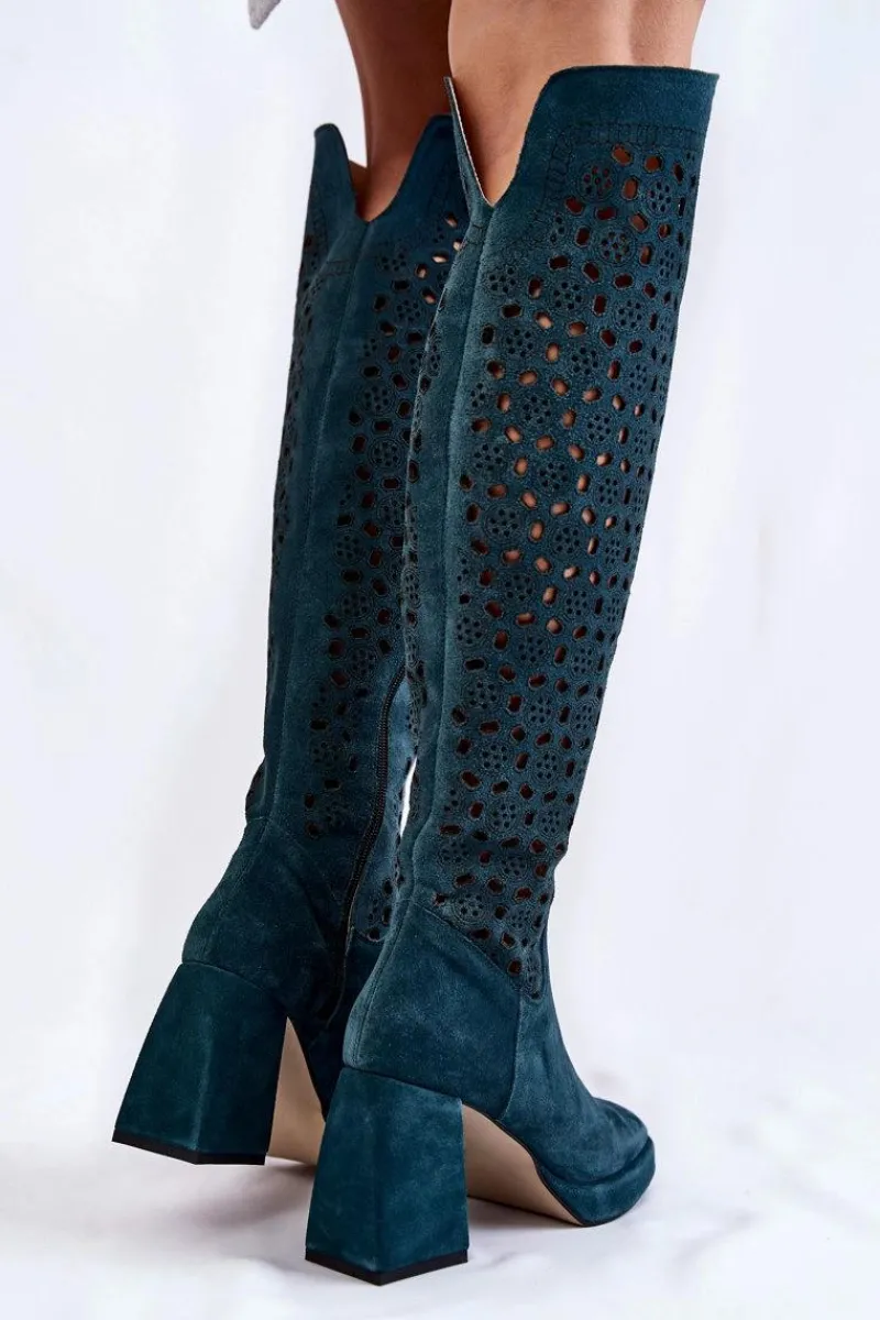 Best Ażurowe Zamszowe Kozaki Na Obcasie Zielone Castres Damskie Kozaki Wiosenne|Kozaki Ażurowe