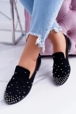 New Boto Balerinki Damskie Lu Boo Czarne Zamszowe Lordsy z Ćwiekami Odessa