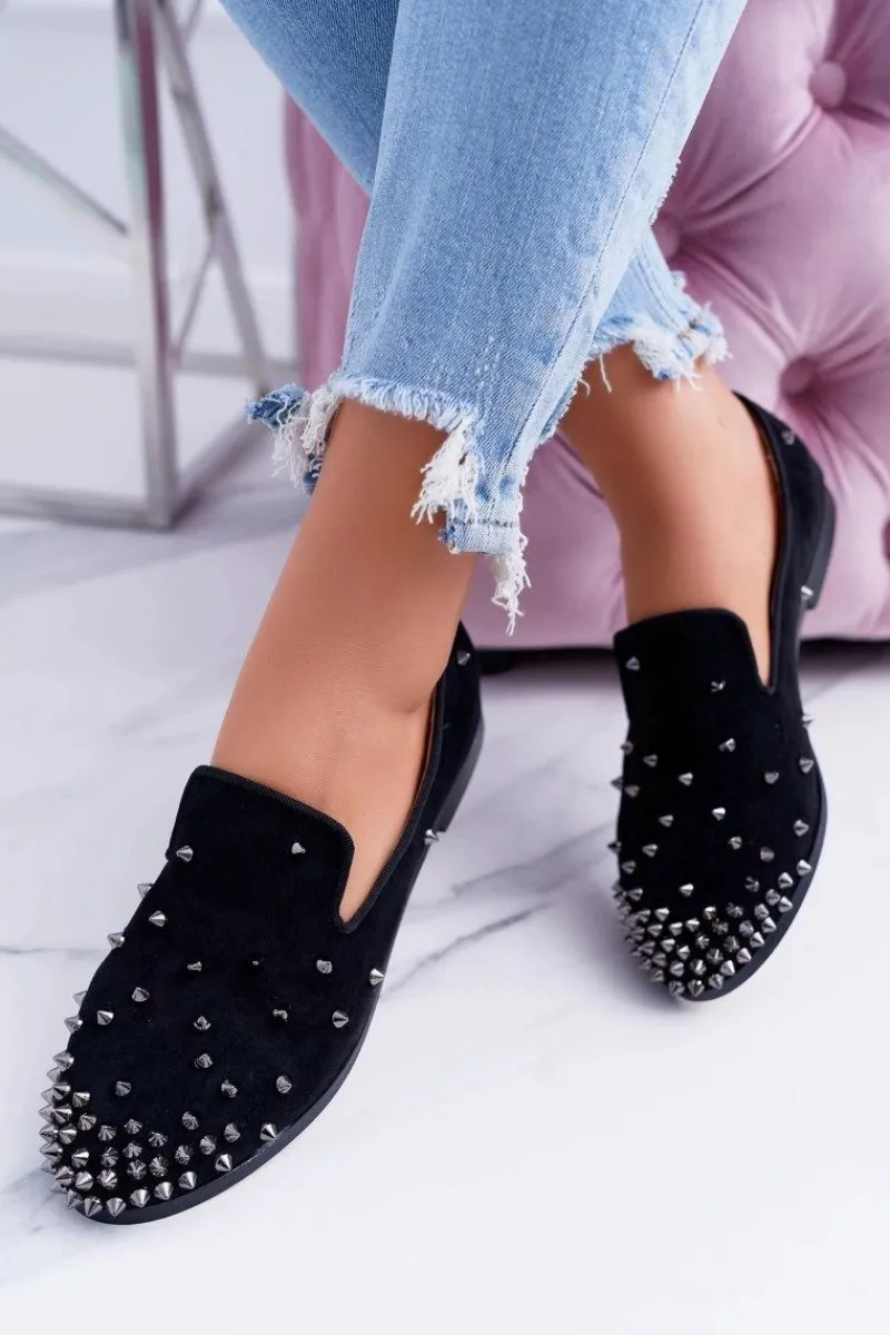 New Boto Balerinki Damskie Lu Boo Czarne Zamszowe Lordsy z Ćwiekami Odessa