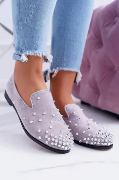 Baleriny Klasyczne>Boto Balerinki Damskie Lu Boo Szare Zamszowe Lordsy z Ćwiekami Odessa