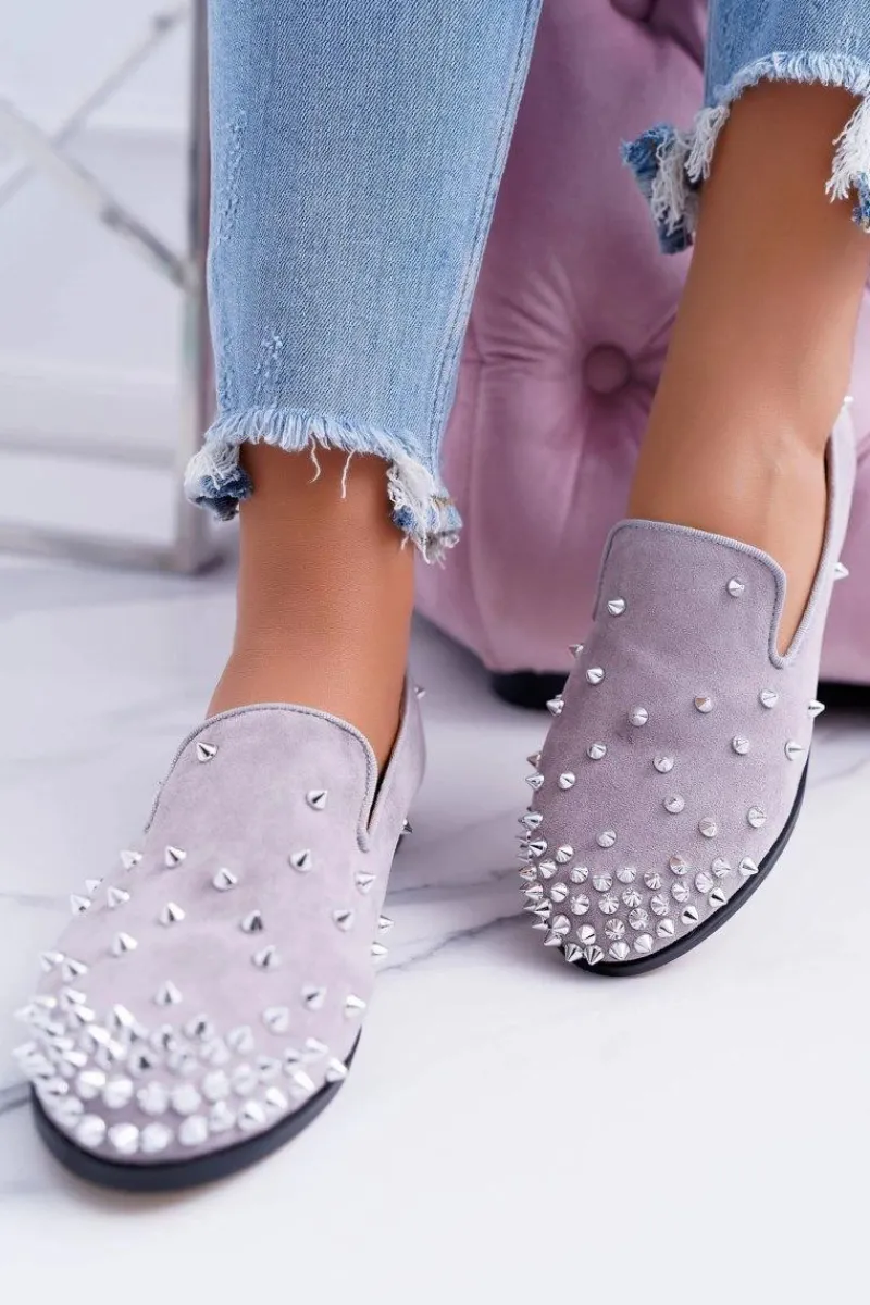 Baleriny Klasyczne>Boto Balerinki Damskie Lu Boo Szare Zamszowe Lordsy z Ćwiekami Odessa