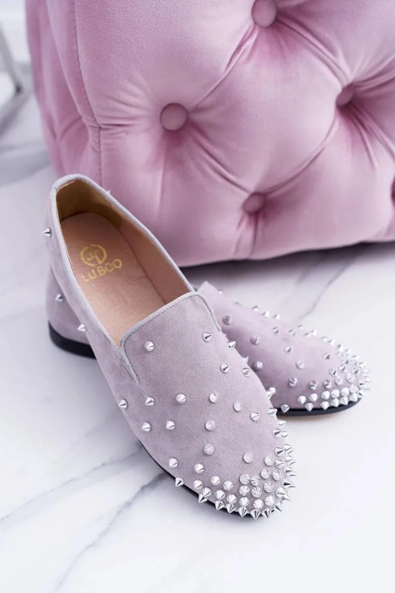 Baleriny Klasyczne>Boto Balerinki Damskie Lu Boo Szare Zamszowe Lordsy z Ćwiekami Odessa