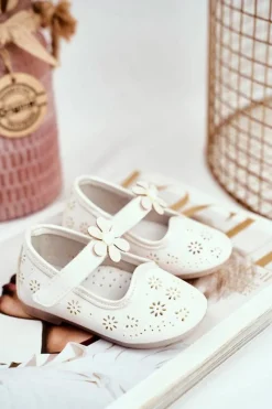 Balerinki Dziecięce>Boto Balerinki Dziecięce na Rzepy Kwiatuszek Białe Flored