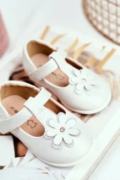 Boto Balerinki Dziecięce na Rzepy Kwiatuszek Srebrne Antrela