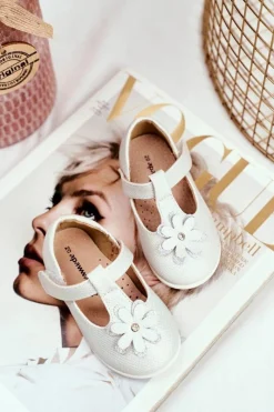 Boto Balerinki Dziecięce na Rzepy Kwiatuszek Srebrne Antrela