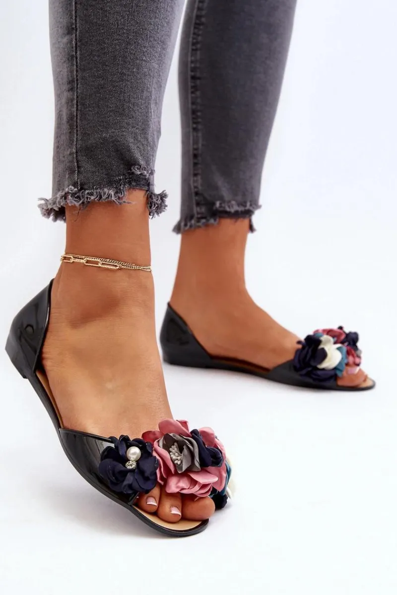 Baleriny Klasyczne>Boto Baleriny Damskie Gumowe Z Kwiatami Czarne Junikla