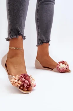 Outlet Baleriny Damskie Gumowe Z Kwiatami Beżowe Junikla Damskie Baleriny Klasyczne