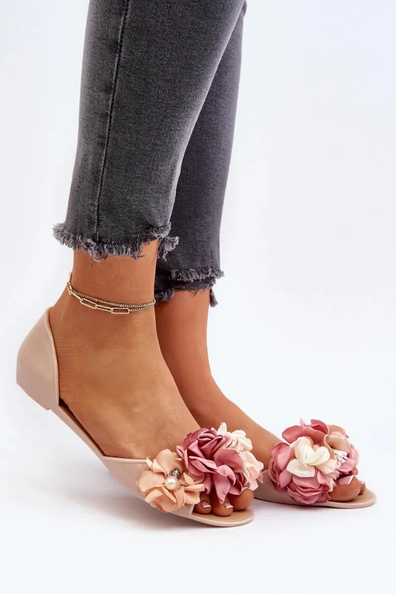 Outlet Baleriny Damskie Gumowe Z Kwiatami Beżowe Junikla Damskie Baleriny Klasyczne