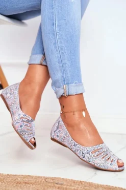 Baleriny Skórzane|Baleriny Klasyczne></noscript>Maciejka Baleriny Damskie Skórzane Biało Niebieskie we wzory 03497-13