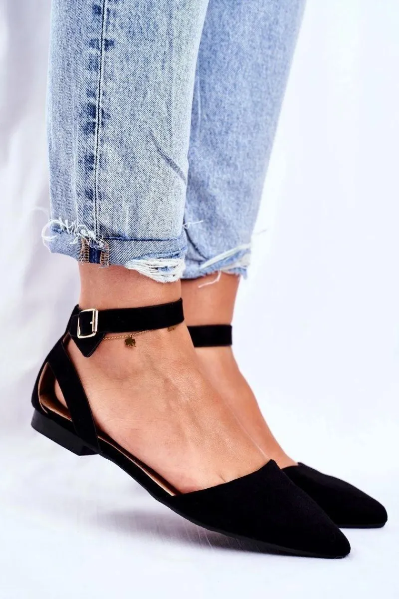 Hot Boto Baleriny Damskie Płaskie Czarne Na Pasek W Szpic Allison