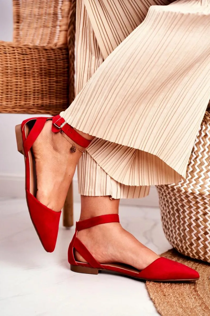 Sale Boto Baleriny Damskie Płaskie Czerwone Na Pasek W Szpic Allison