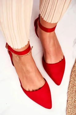 Sale Boto Baleriny Damskie Płaskie Czerwone Na Pasek W Szpic Allison