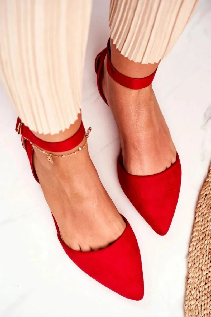 Sale Boto Baleriny Damskie Płaskie Czerwone Na Pasek W Szpic Allison