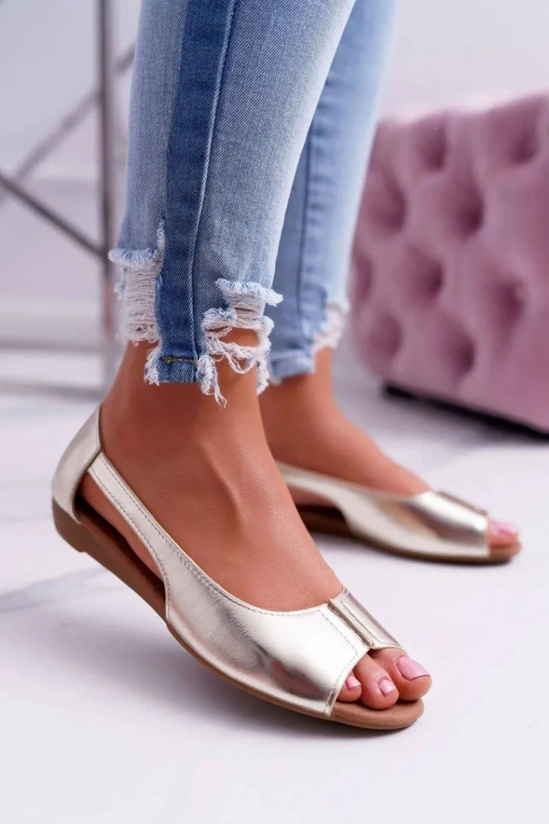 New Baleriny Damskie Peep Toe Złote Ereli Damskie Baleriny Klasyczne