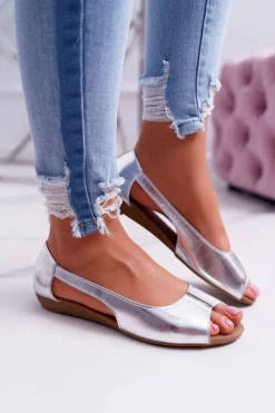 Discount Baleriny Damskie Peep Toe Srebrne Ereli Damskie Baleriny Klasyczne