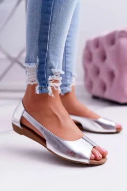 Discount Baleriny Damskie Peep Toe Srebrne Ereli Damskie Baleriny Klasyczne