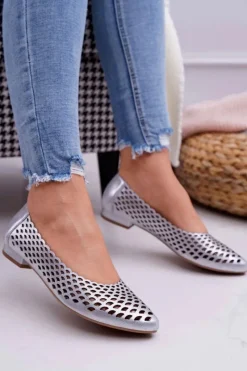 Online Baleriny Damskie Srebrne Skórzane Exquisite 1107/1 Damskie Baleriny Skórzane|Baleriny Klasyczne