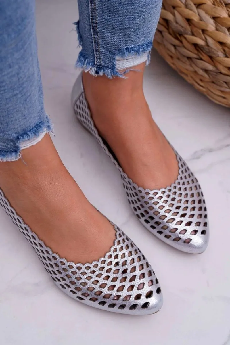 Online Baleriny Damskie Srebrne Skórzane Exquisite 1107/1 Damskie Baleriny Skórzane|Baleriny Klasyczne