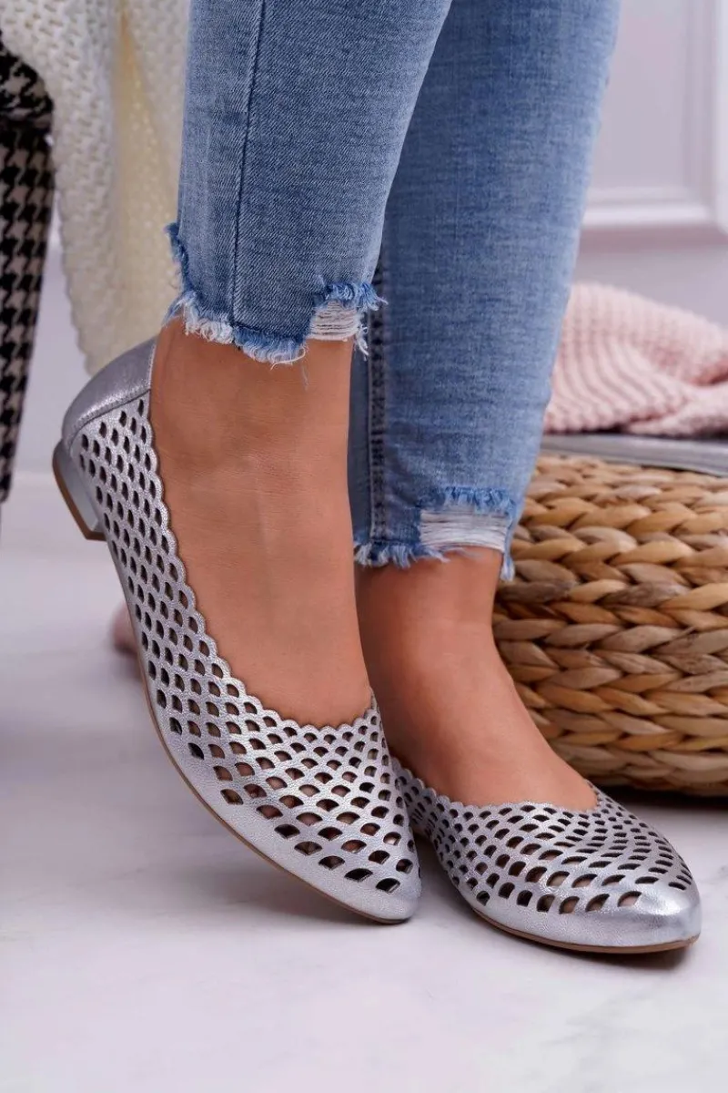 Online Baleriny Damskie Srebrne Skórzane Exquisite 1107/1 Damskie Baleriny Skórzane|Baleriny Klasyczne