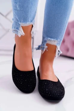 New Boto Baleriny Damskie Z Cyrkoniami Zamszowe Czarne Lora
