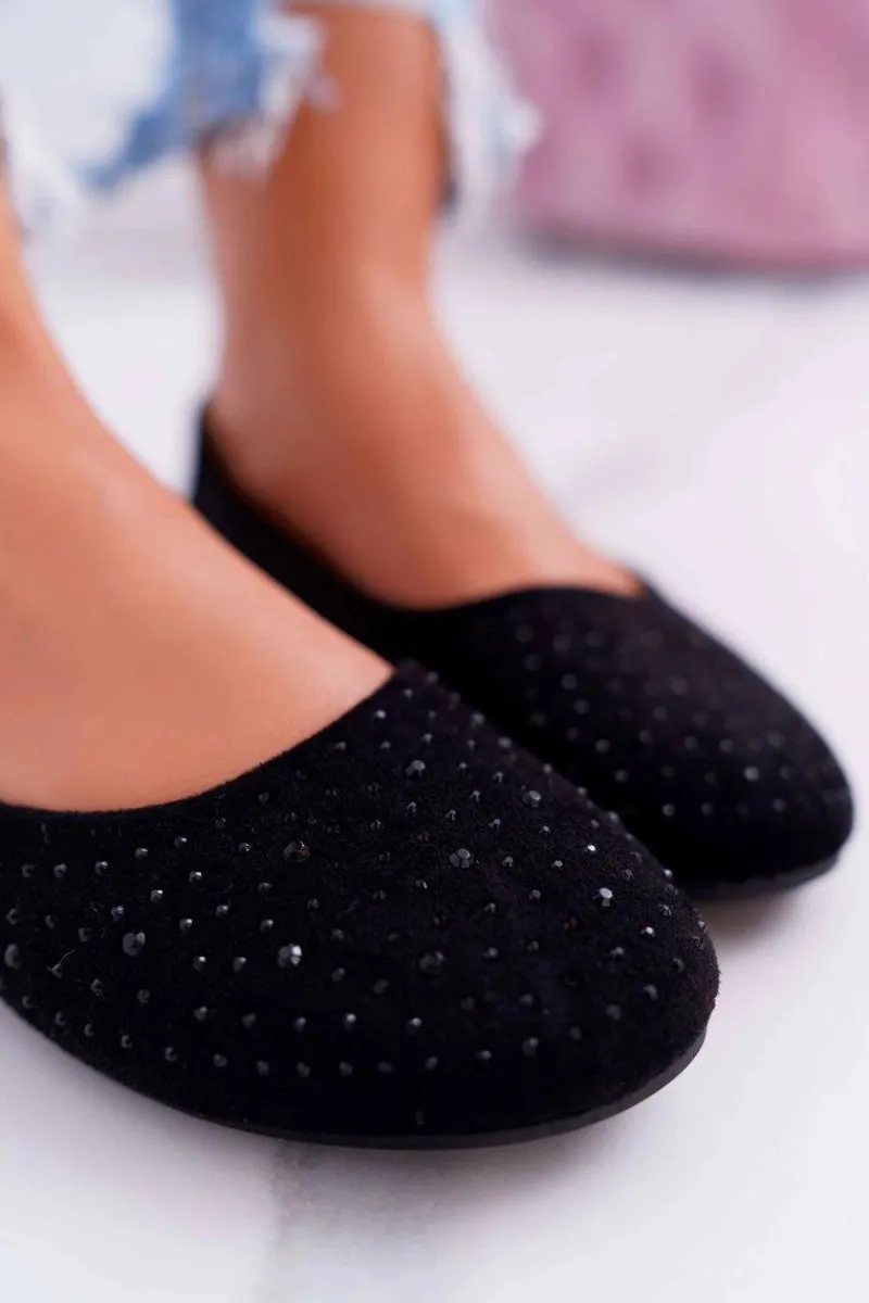 New Boto Baleriny Damskie Z Cyrkoniami Zamszowe Czarne Lora