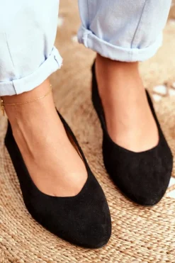 Discount Baleriny Na Obcasie Czarne 04482-01 Damskie Czółenka Zamszowe|Baleriny Skórzane