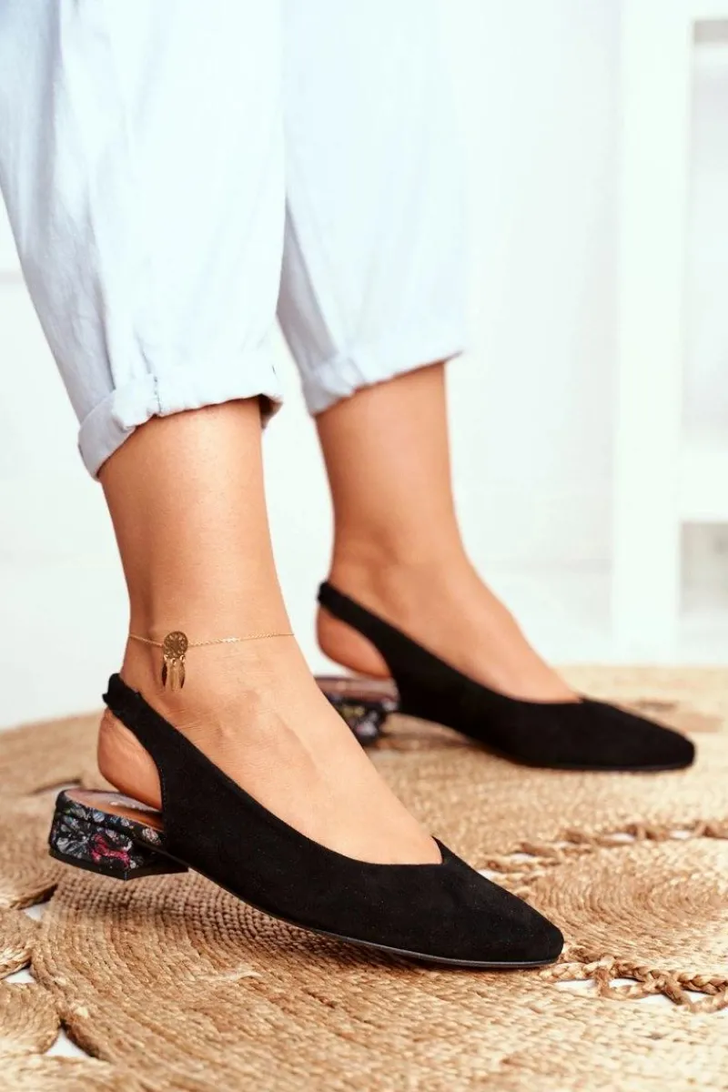 Discount Baleriny Na Obcasie Czarne 04482-01 Damskie Czółenka Zamszowe|Baleriny Skórzane