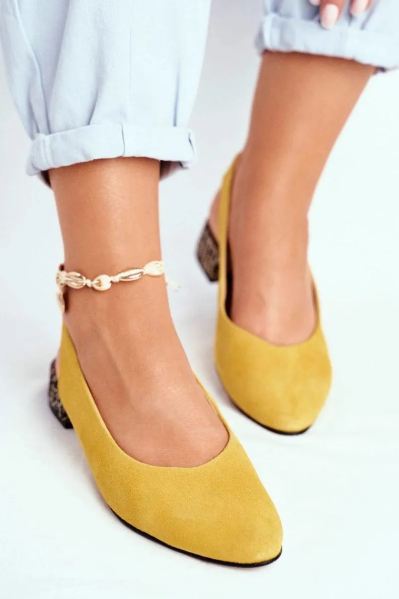 Czółenka Zamszowe|Baleriny Skórzane>Maciejka Baleriny Na Obcasie Żółte 04482-07