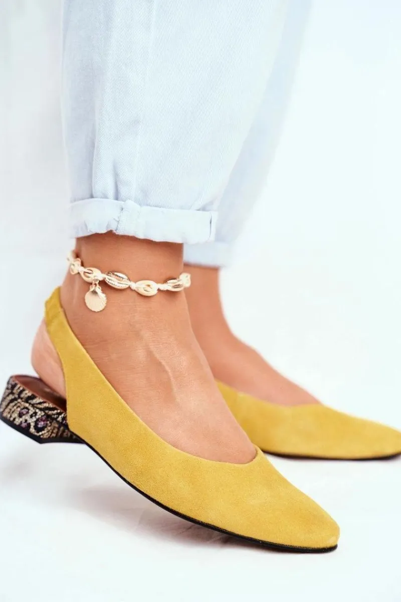 Czółenka Zamszowe|Baleriny Skórzane>Maciejka Baleriny Na Obcasie Żółte 04482-07