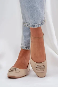 Sale Baleriny Na Płaskiej Podeszwie Z Ozdobą Beżowe Ainoria Damskie Baleriny Skórzane|Baleriny Klasyczne