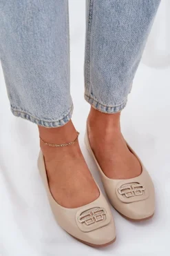 Sale Baleriny Na Płaskiej Podeszwie Z Ozdobą Beżowe Ainoria Damskie Baleriny Skórzane|Baleriny Klasyczne