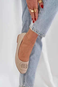 Sale Baleriny Na Płaskiej Podeszwie Z Ozdobą Beżowe Ainoria Damskie Baleriny Skórzane|Baleriny Klasyczne