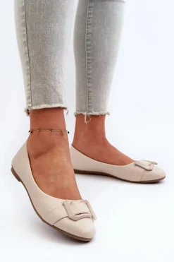 Outlet Baleriny Z Paskiem I Ozdobą Eko Skórzane Jasnobeżowe Cadwenla Damskie Baleriny Skórzane|Baleriny Klasyczne