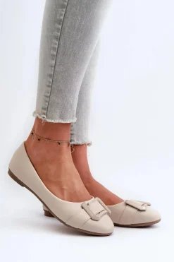 Outlet Baleriny Z Paskiem I Ozdobą Eko Skórzane Jasnobeżowe Cadwenla Damskie Baleriny Skórzane|Baleriny Klasyczne
