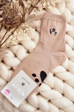 Bawełniane Skarpety Damskie Z Naszywką Miś Beżowe Skarpetki|Skarpetki