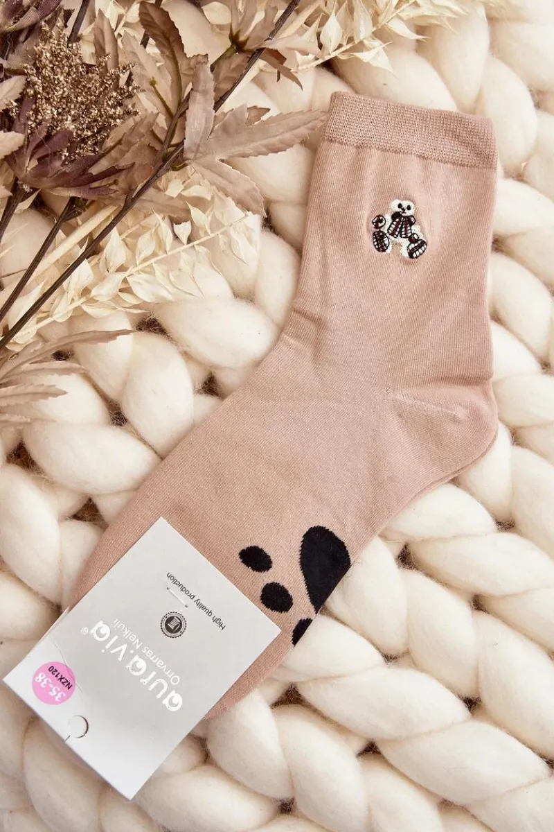 Bawełniane Skarpety Damskie Z Naszywką Miś Beżowe Skarpetki|Skarpetki