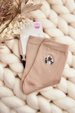 Bawełniane Skarpety Damskie Z Naszywką Miś Beżowe Skarpetki|Skarpetki