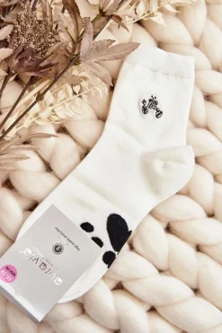 Skarpetki|Skarpetki>Aura.via Bawełniane Skarpety Damskie Z Naszywką Miś Białe