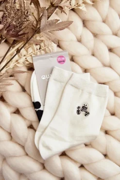 Skarpetki|Skarpetki>Aura.via Bawełniane Skarpety Damskie Z Naszywką Miś Białe