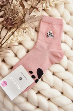 Skarpetki|Skarpetki>Aura.via Bawełniane Skarpety Damskie Z Naszywką Miś Różowe