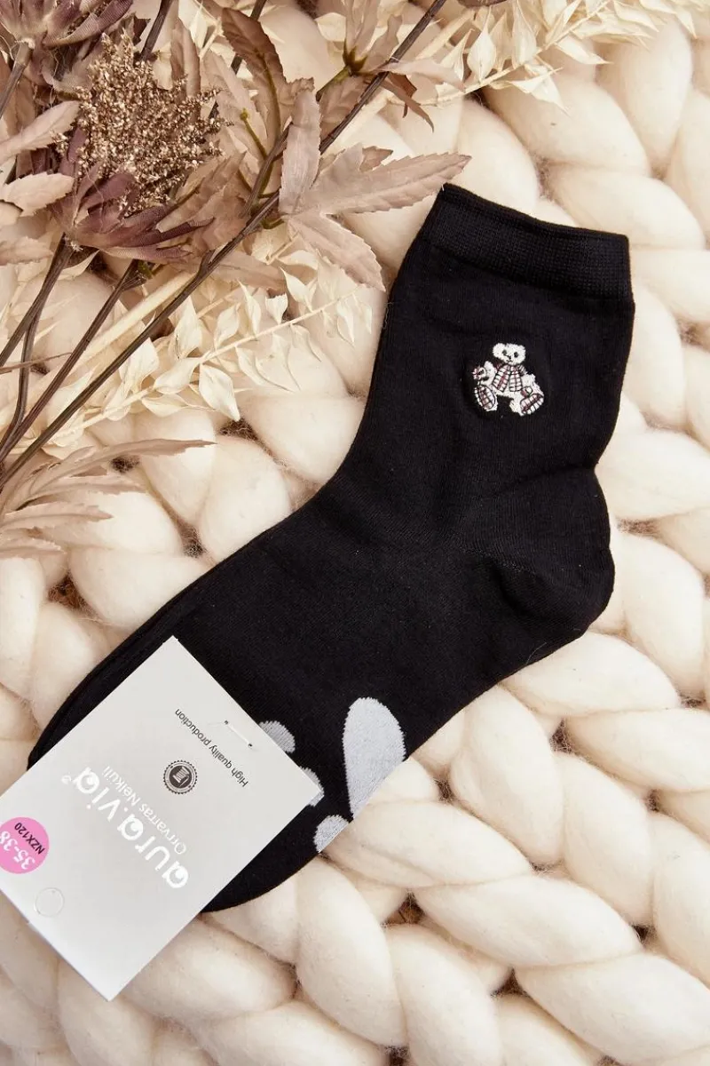 New Aura.via Bawełniane Skarpety Damskie Z Naszywką Miś Czarne