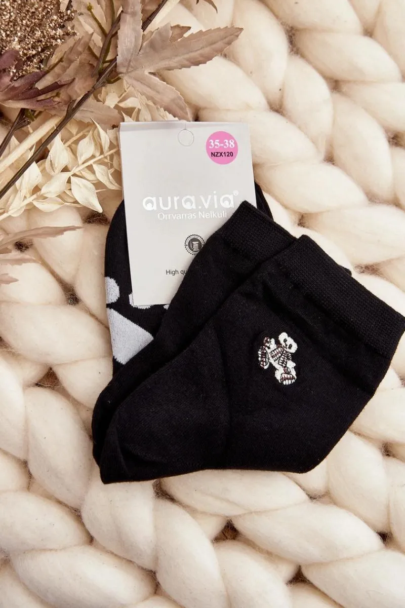 New Aura.via Bawełniane Skarpety Damskie Z Naszywką Miś Czarne