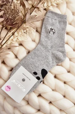Skarpetki|Skarpetki>Aura.via Bawełniane Skarpety Damskie Z Naszywką Miś Szare Szary