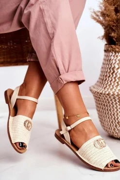 Discount Beżowe Damskie Płaskie Sandałki Lu Boo Plecione Felicia Damskie Sandały Płaskie